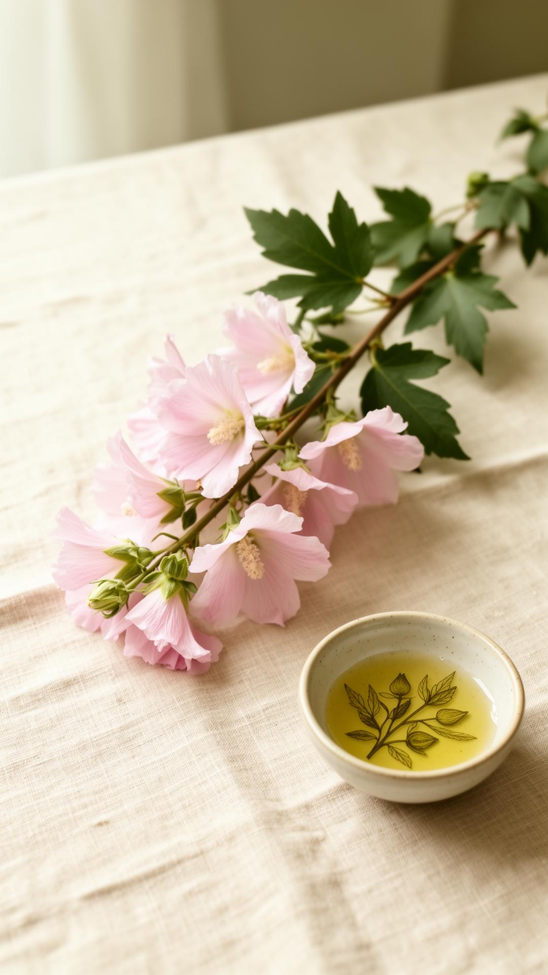 Branche d'althéa rose sur lin naturel