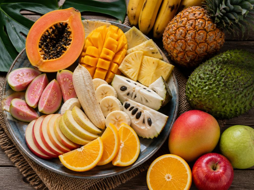 Assiette généreuse de fruits frais : papaye, goyave, mangue, pomme, poire, orange, corossol, ananas et banane